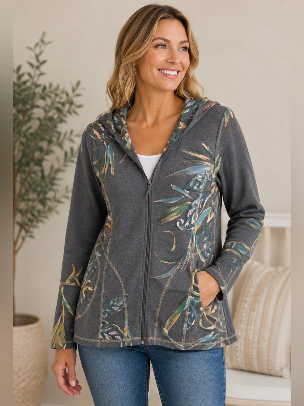 Women's Gray Hooded Zip Sweatshirt with Multicolor Botanical Print